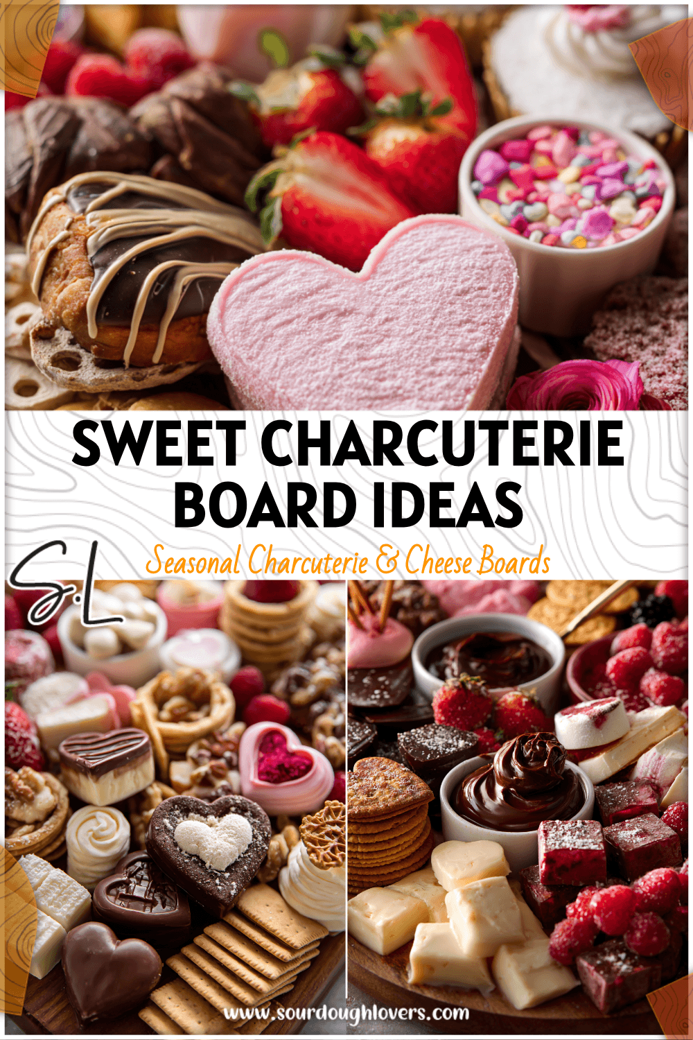 Heart-shaped treats and snacks arranged on a Valentine’s Dessert Charcuterie Board with charcuterie picks and crackers. 26